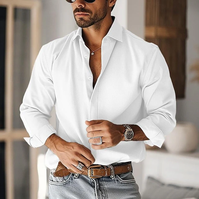 Men's Casual Cotton BlendLong Sleeves Solid Color Shirt - Image 3