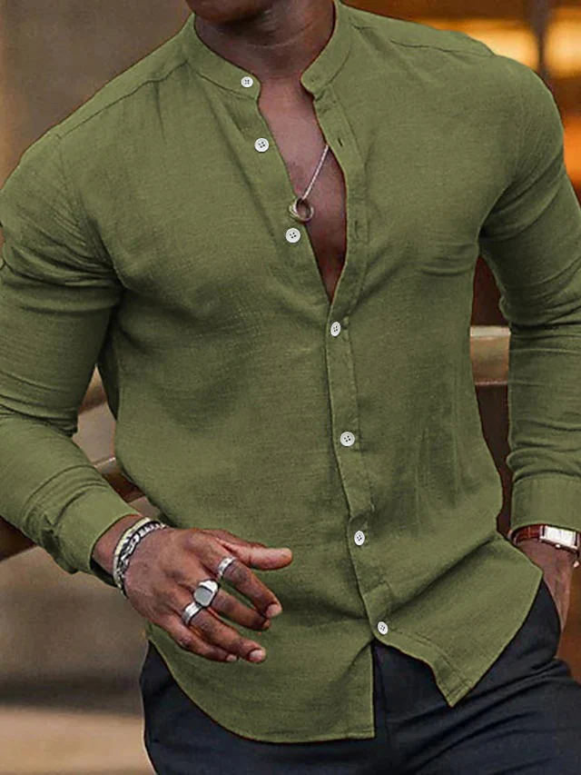 Men's Casual Cotton Linen Long Sleeves Solid Color Shirt - Image 3