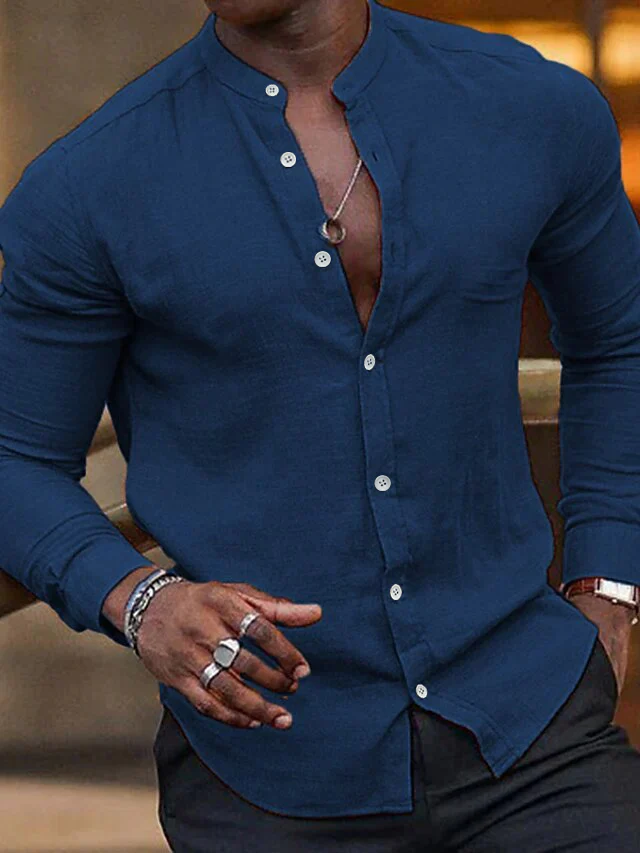 Men's Casual Cotton Linen Long Sleeves Solid Color Shirt - Image 4