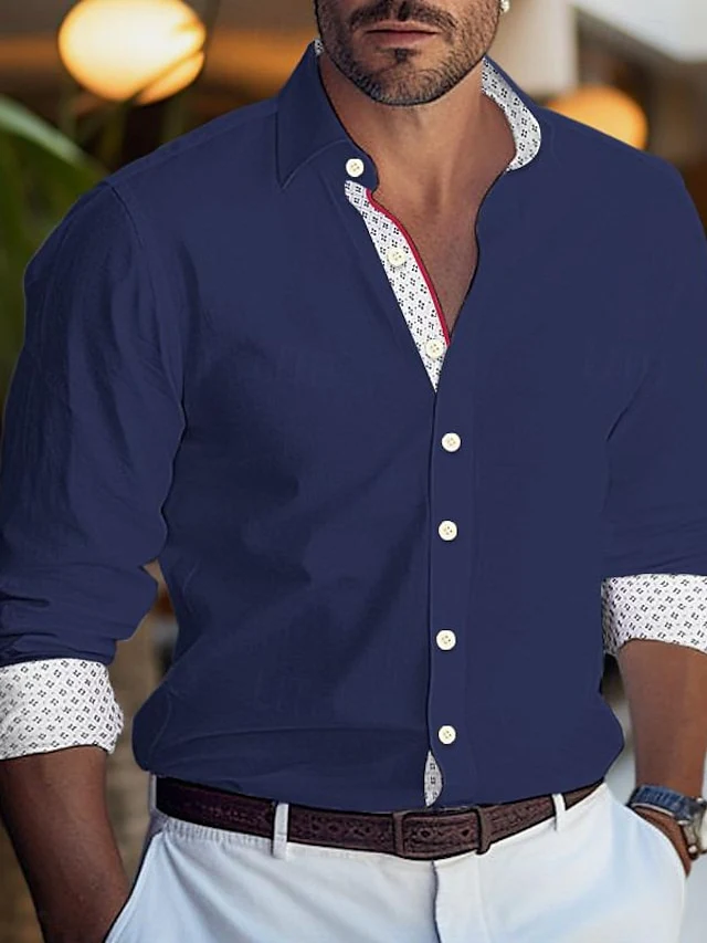Men's Casual Polyester Long Sleeves Color Block Shirt - Image 3