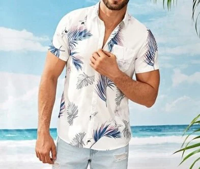 Men's Casual Short Sleeves Beach Shirt with Leaf Print - Image 5