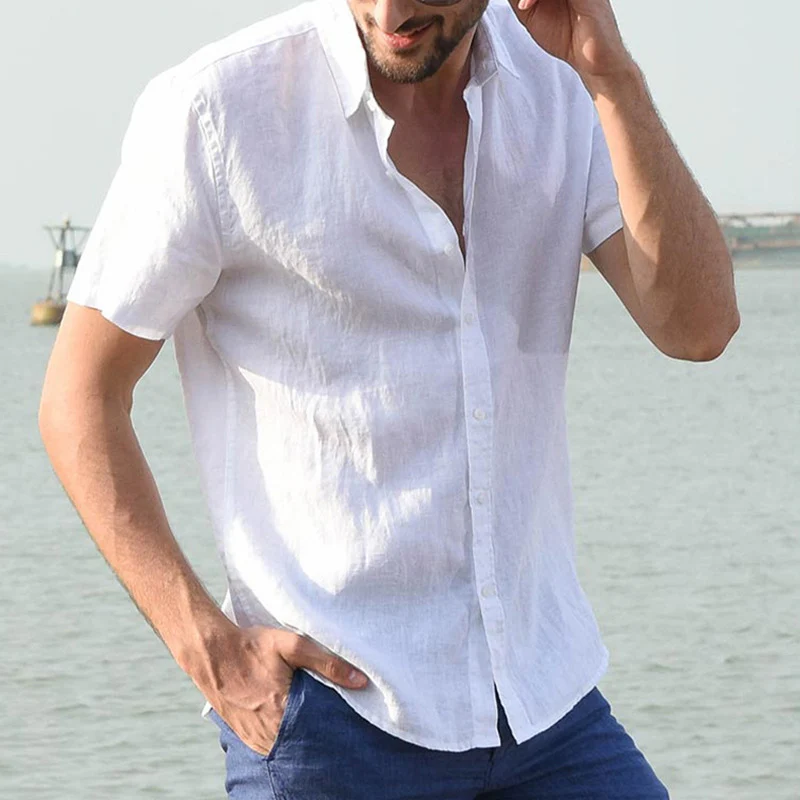 Men's Casual Short Sleeves Solid Color Cotton Shirt - Image 4