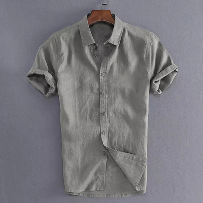 Men's Casual Short Sleeves Solid Color Cotton Shirt - Image 9