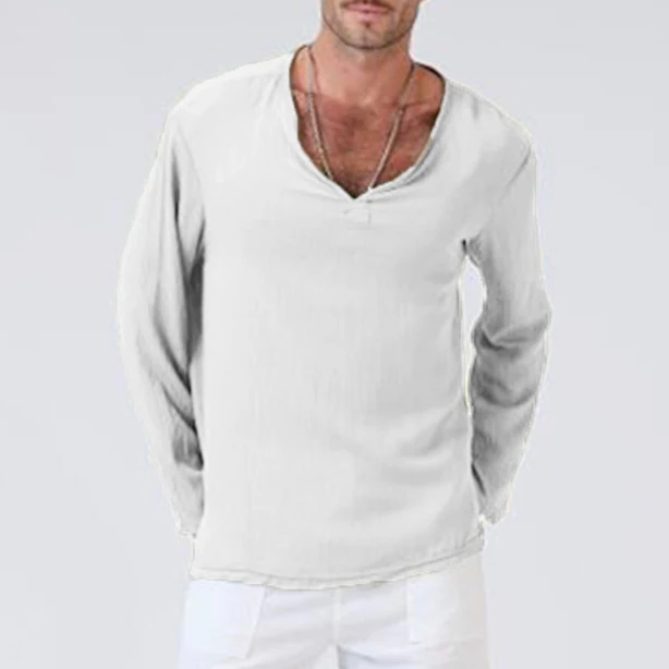 Men's Casual V-Neck Long Sleeves Solid Color Shirt - Image 3