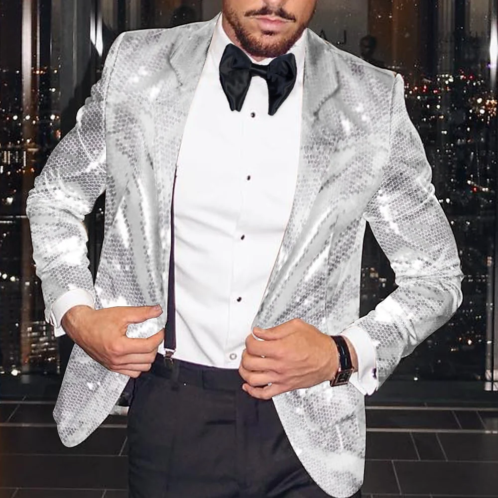 Men's Fashion Disco Sequin Pattern Tailored Fit Single Breasted One-button Blazer Jacket - Image 4