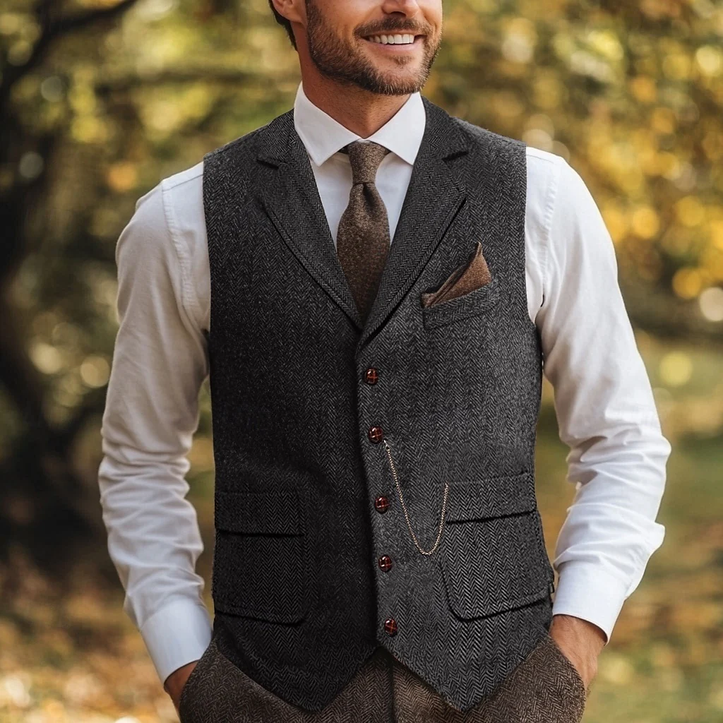 Men's Herringbone Standard Fit Notch Single Breasted Five-buttons Tweed Vest - Image 2