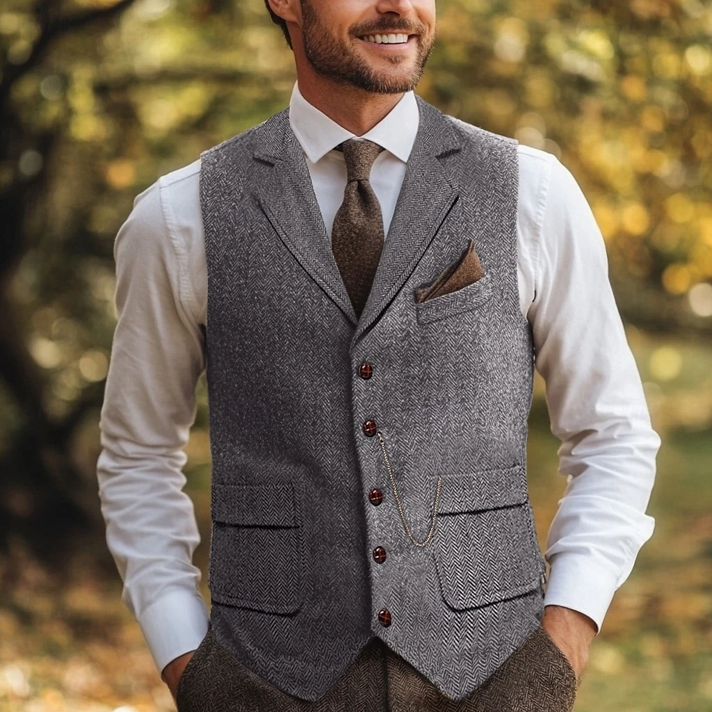 Men's Herringbone Standard Fit Notch Single Breasted Five-buttons Tweed Vest - Image 3