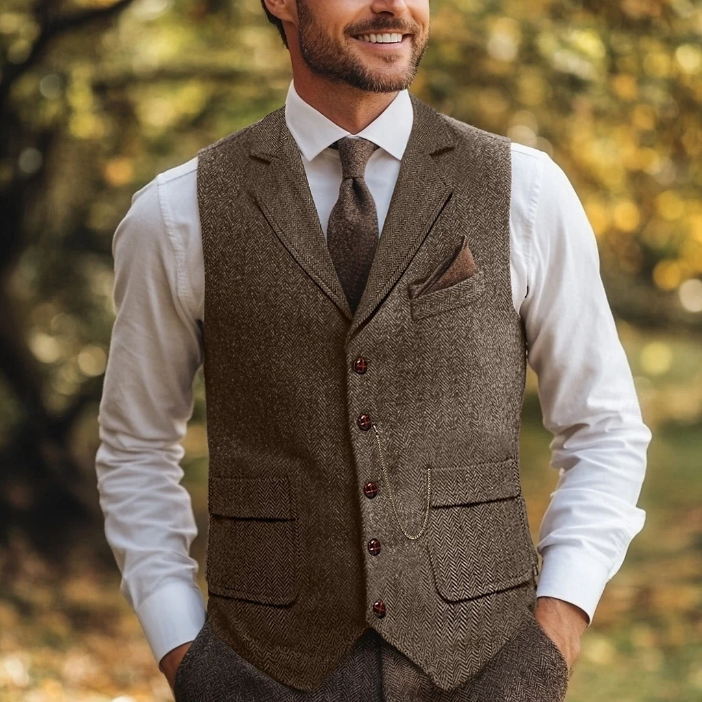 Men's Herringbone Standard Fit Notch Single Breasted Five-buttons Tweed Vest - Image 4