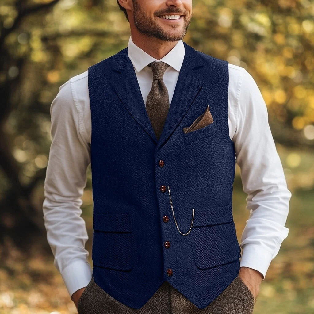 Men's Herringbone Standard Fit Notch Single Breasted Five-buttons Tweed Vest - Image 5