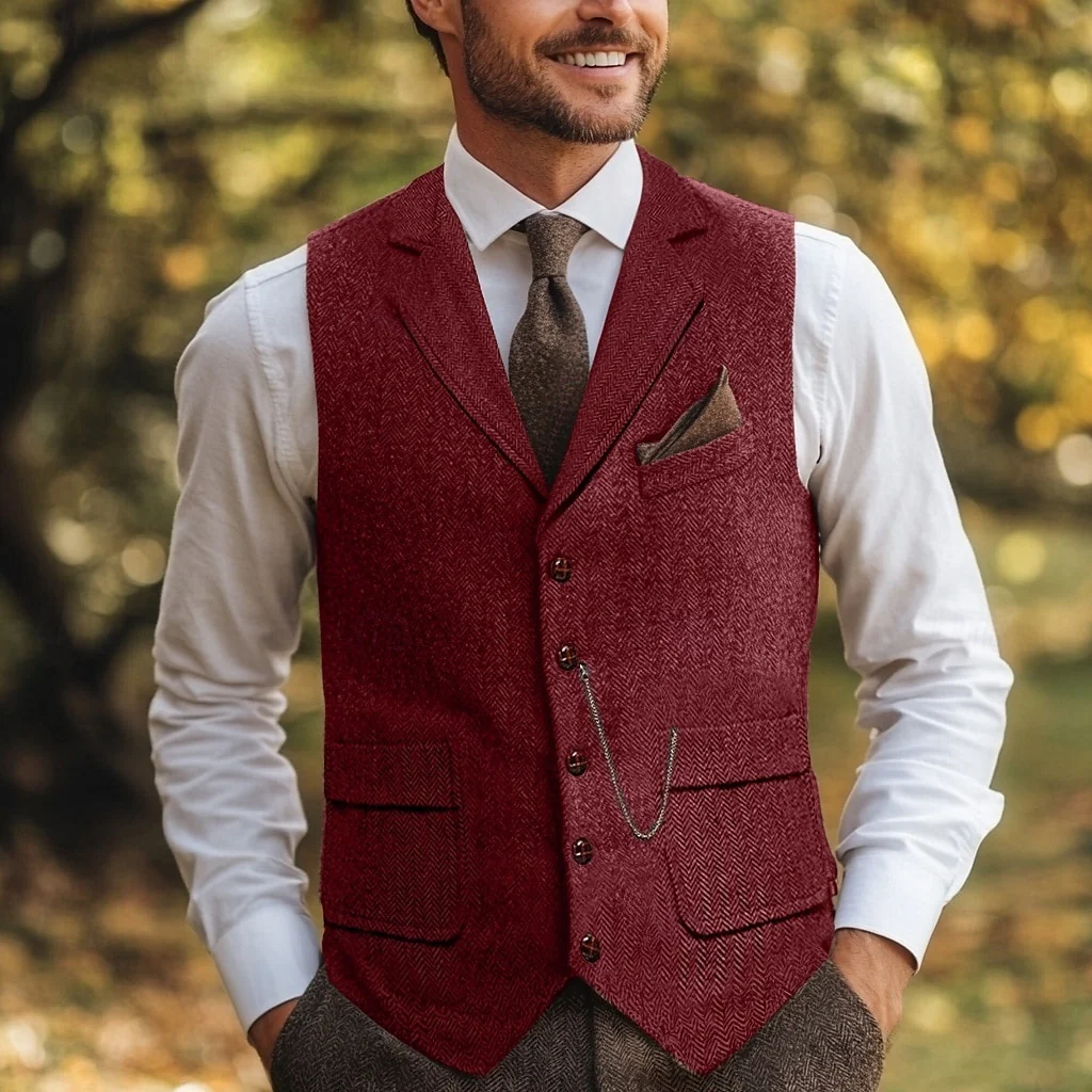 Men's Herringbone Standard Fit Notch Single Breasted Five-buttons Tweed Vest - Image 6