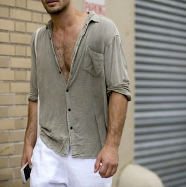 Men's Lapel Casual Long Sleeves Solid Color Shirt with Pocket - Image 3