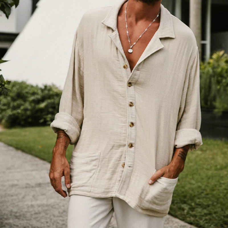 Men's Lapel Casual Long Sleeves Solid Color Shirt with Pockets - Image 2