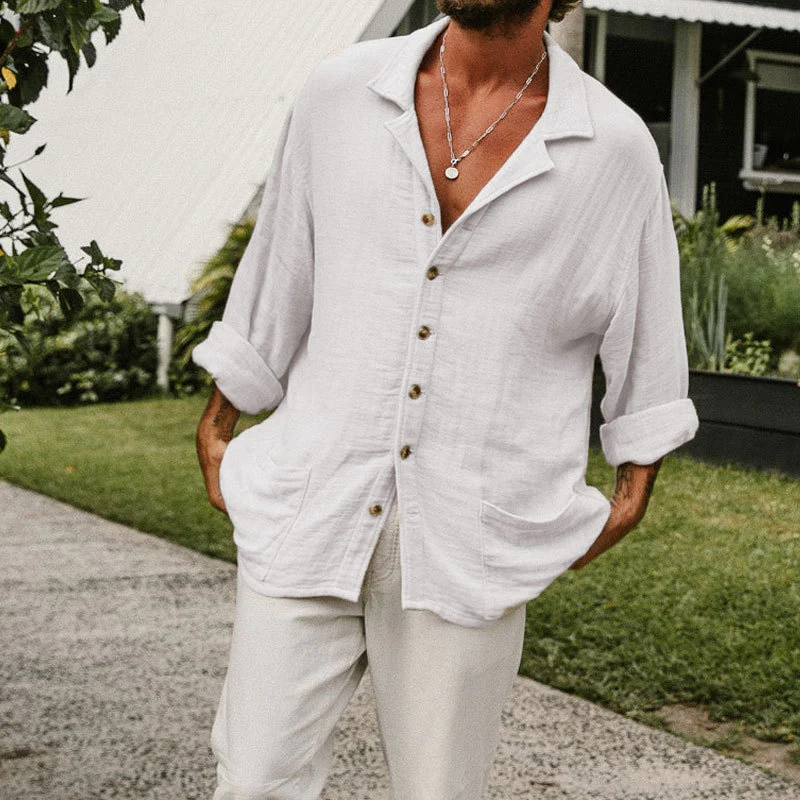 Men's Lapel Casual Long Sleeves Solid Color Shirt with Pockets - Image 5