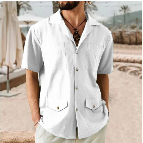 Men's Lapel Casual Short Sleeves Solid Color Shirt with Pockets - Image 4