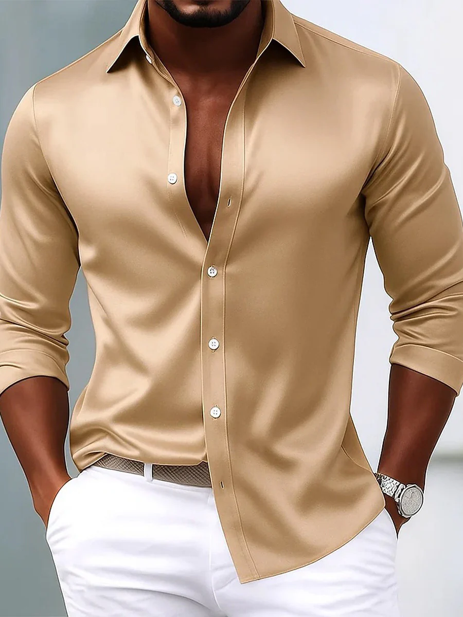 Men's Lapel Neck Long Sleeves Breathable Slim Fit Solid Color Shirt - Image 3