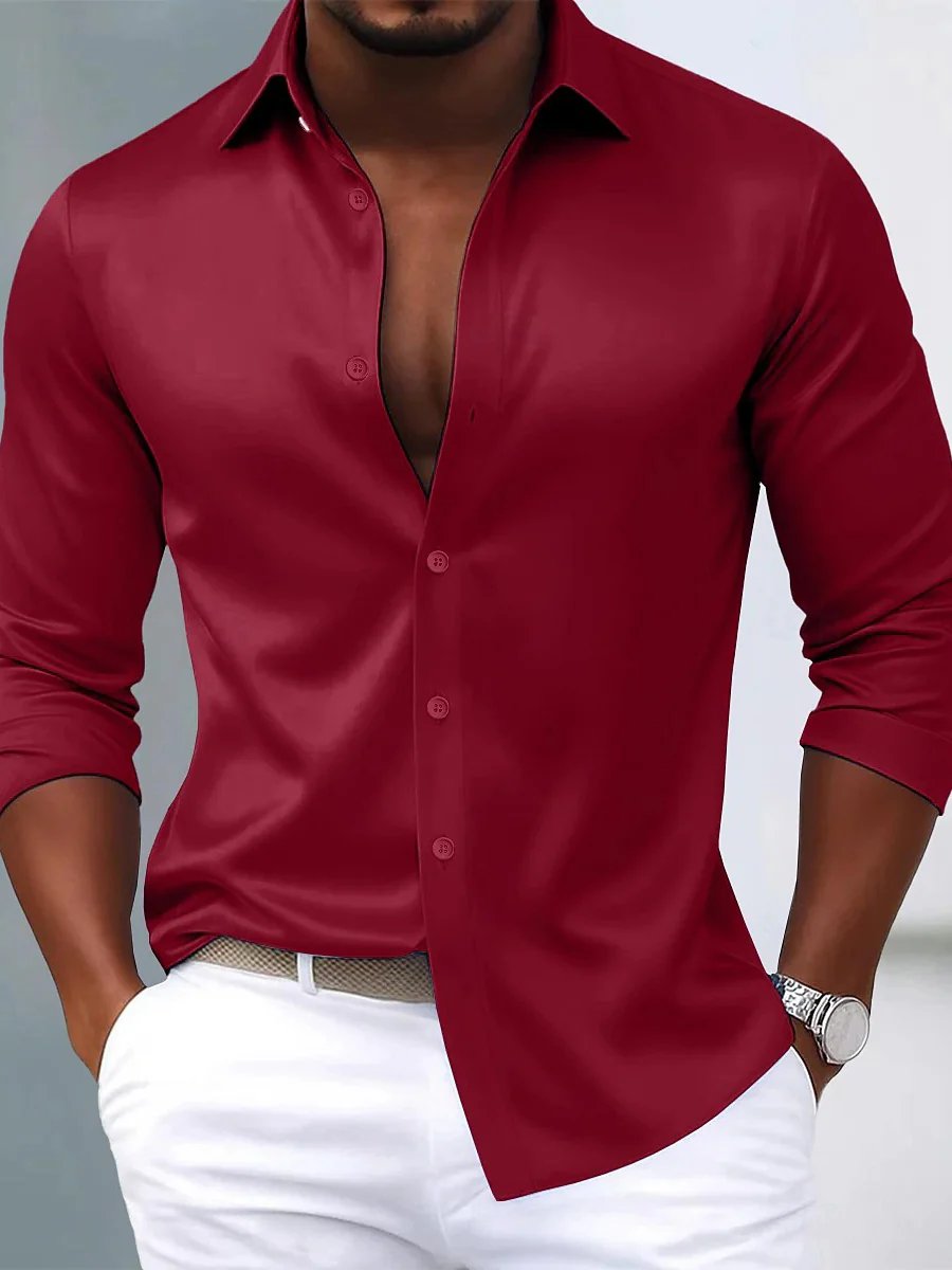 Men's Lapel Neck Long Sleeves Breathable Slim Fit Solid Color Shirt - Image 7