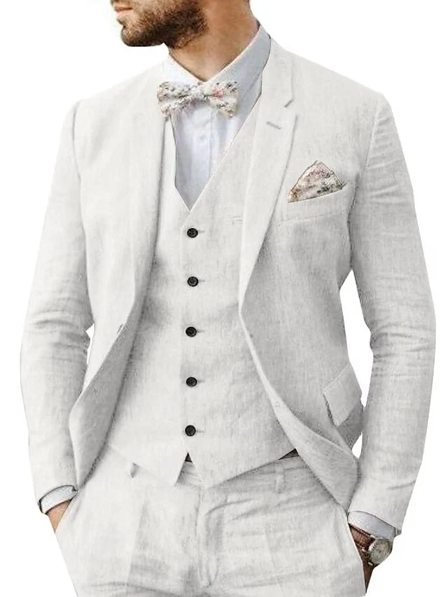 Men's Linen Tailored Fit Single Breasted Two-buttons 3 Pieces Wedding Suits - Image 3