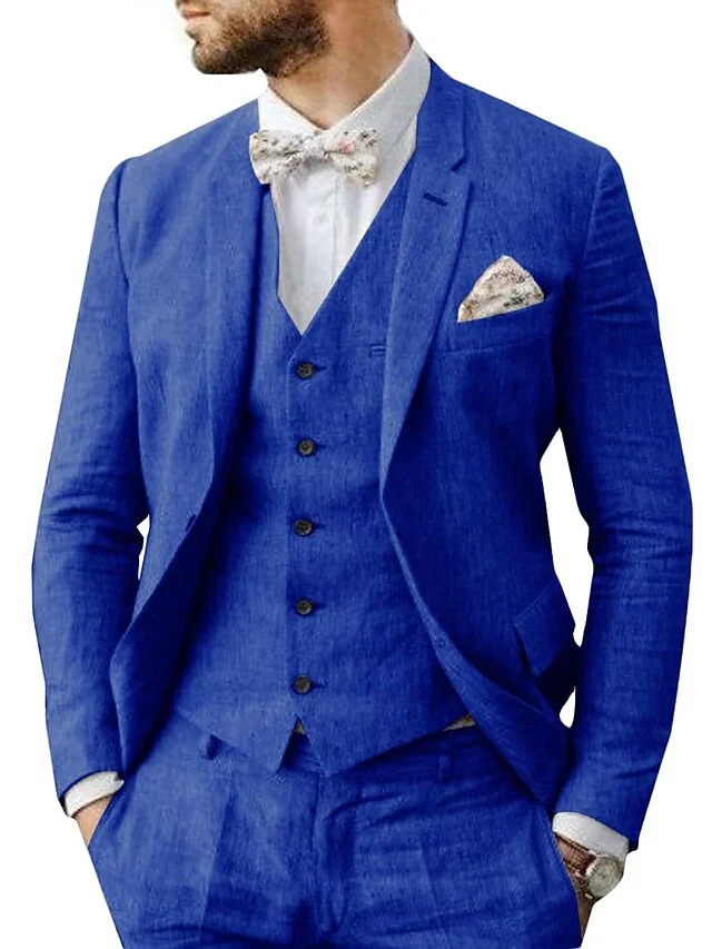 Men's Linen Tailored Fit Single Breasted Two-buttons 3 Pieces Wedding Suits - Image 5