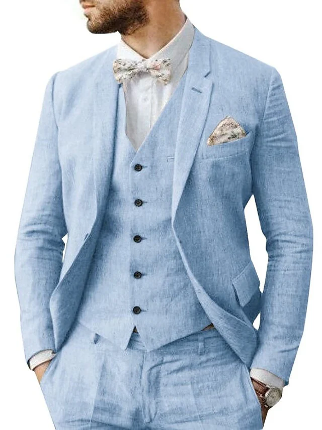 Men's Linen Tailored Fit Single Breasted Two-buttons 3 Pieces Wedding Suits - Image 7