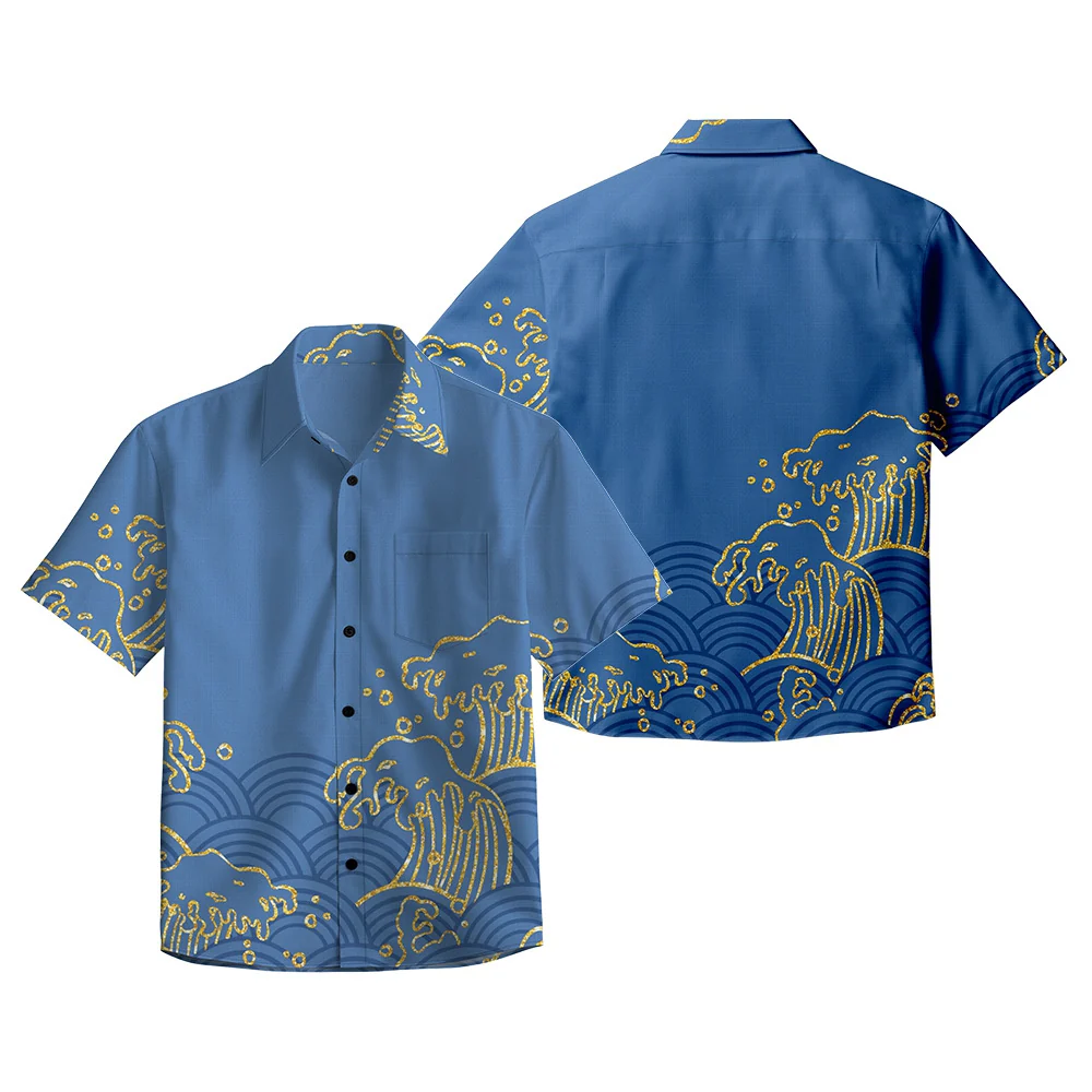 Men's Loose Short Sleeves Cotton Casual Shirt with Wave Pattern - Image 3