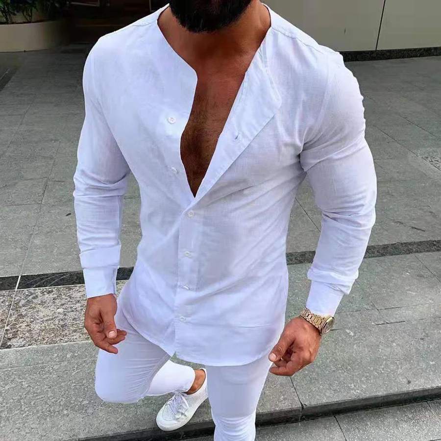 Men's Round Neck Long Sleeves Slim Fit Solid Color Shirt - Image 2