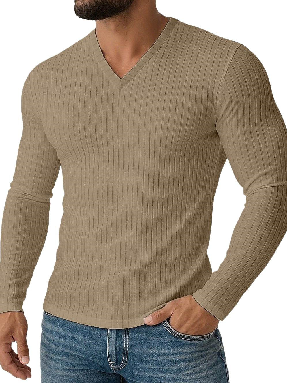 Men's Shirt Stretchy Slim Fit V Neck Solid Color Long Sleeves Shirt - Image 2