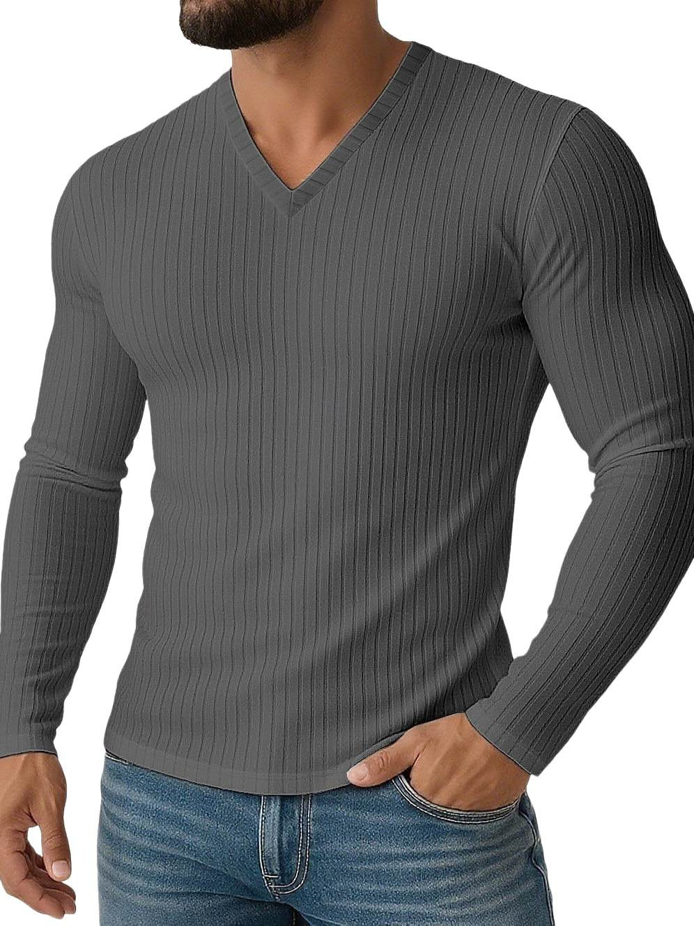 Men's Shirt Stretchy Slim Fit V Neck Solid Color Long Sleeves Shirt - Image 3