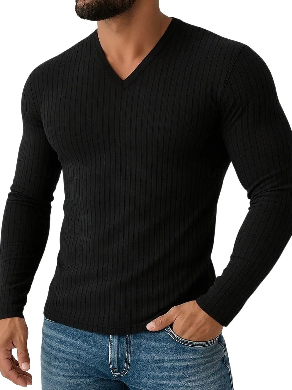 Men's Shirt Stretchy Slim Fit V Neck Solid Color Long Sleeves Shirt - Image 4