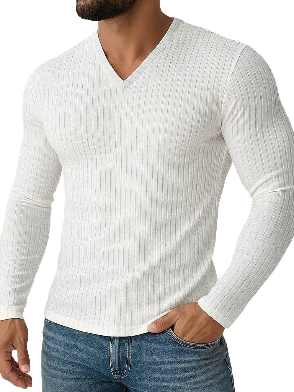 Men's Shirt Stretchy Slim Fit V Neck Solid Color Long Sleeves Shirt - Image 5