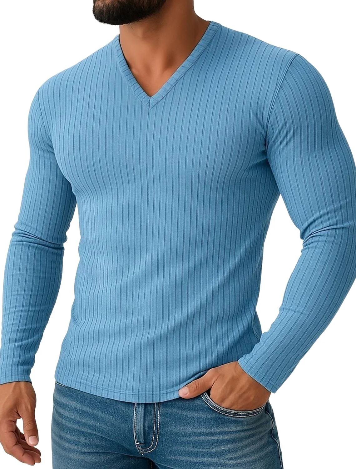 Men's Shirt Stretchy Slim Fit V Neck Solid Color Long Sleeves Shirt - Image 6