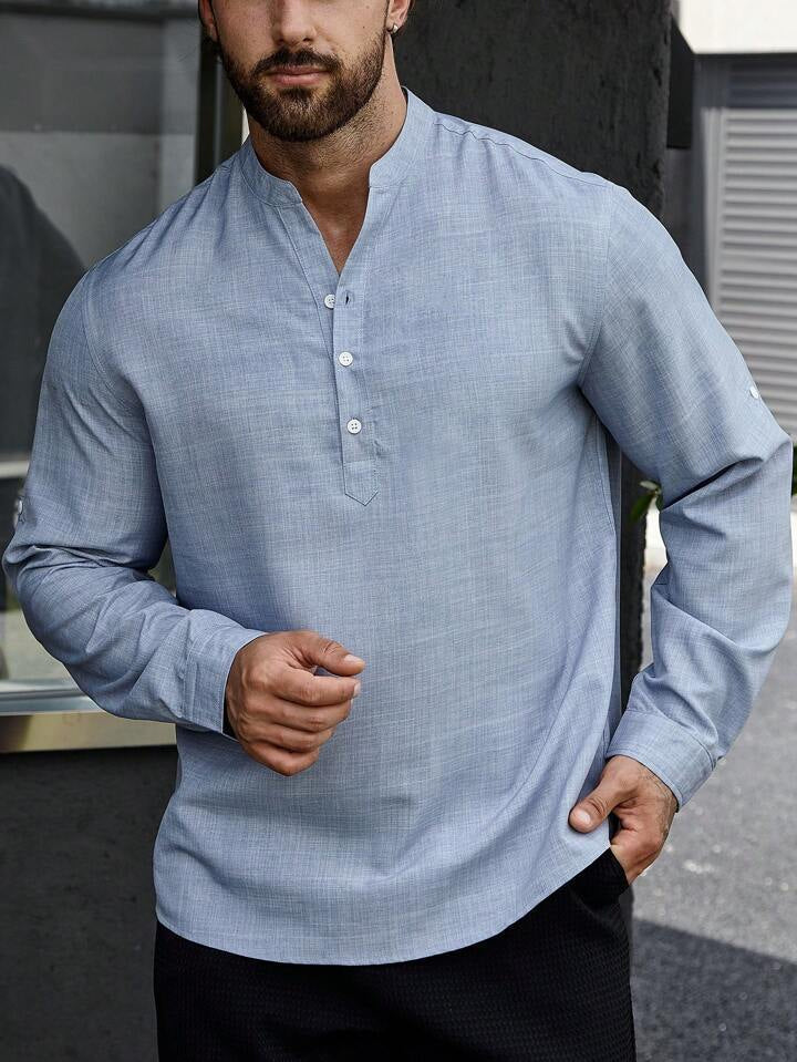 Men's Stand Collar Casual Long Sleeves Solid Color Shirt - Image 2