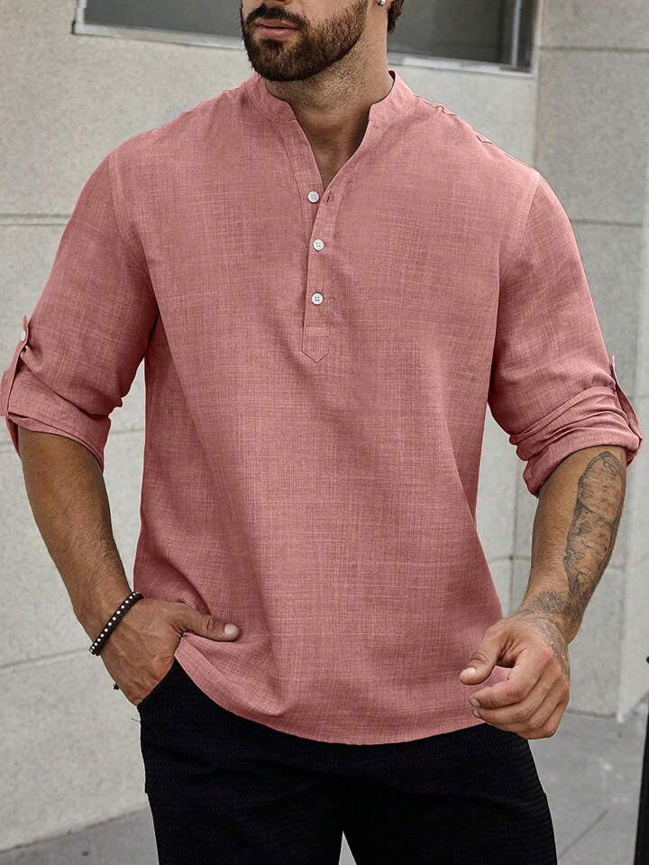 Men's Stand Collar Casual Long Sleeves Solid Color Shirt - Image 3