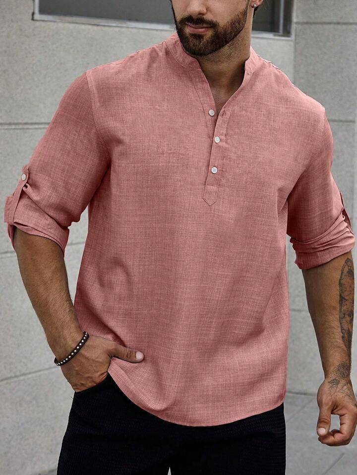 Men's Stand Collar Casual Long Sleeves Solid Color Shirt - Image 4