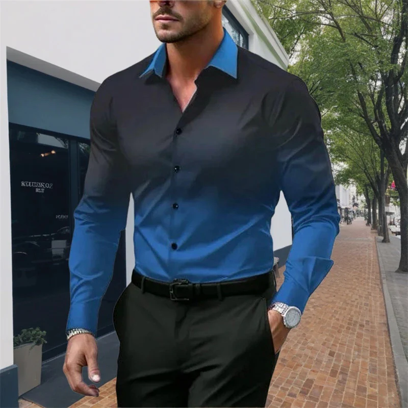 Men's Standard Fit Long Sleeves Casual Gradient Color Shirt - Image 7