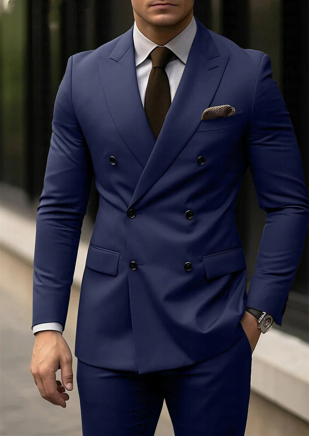 Men's Tailored Fit Double Breasted Six-buttons 2 Pieces Light Grey Formal Suit Wedding Suits - Image 3