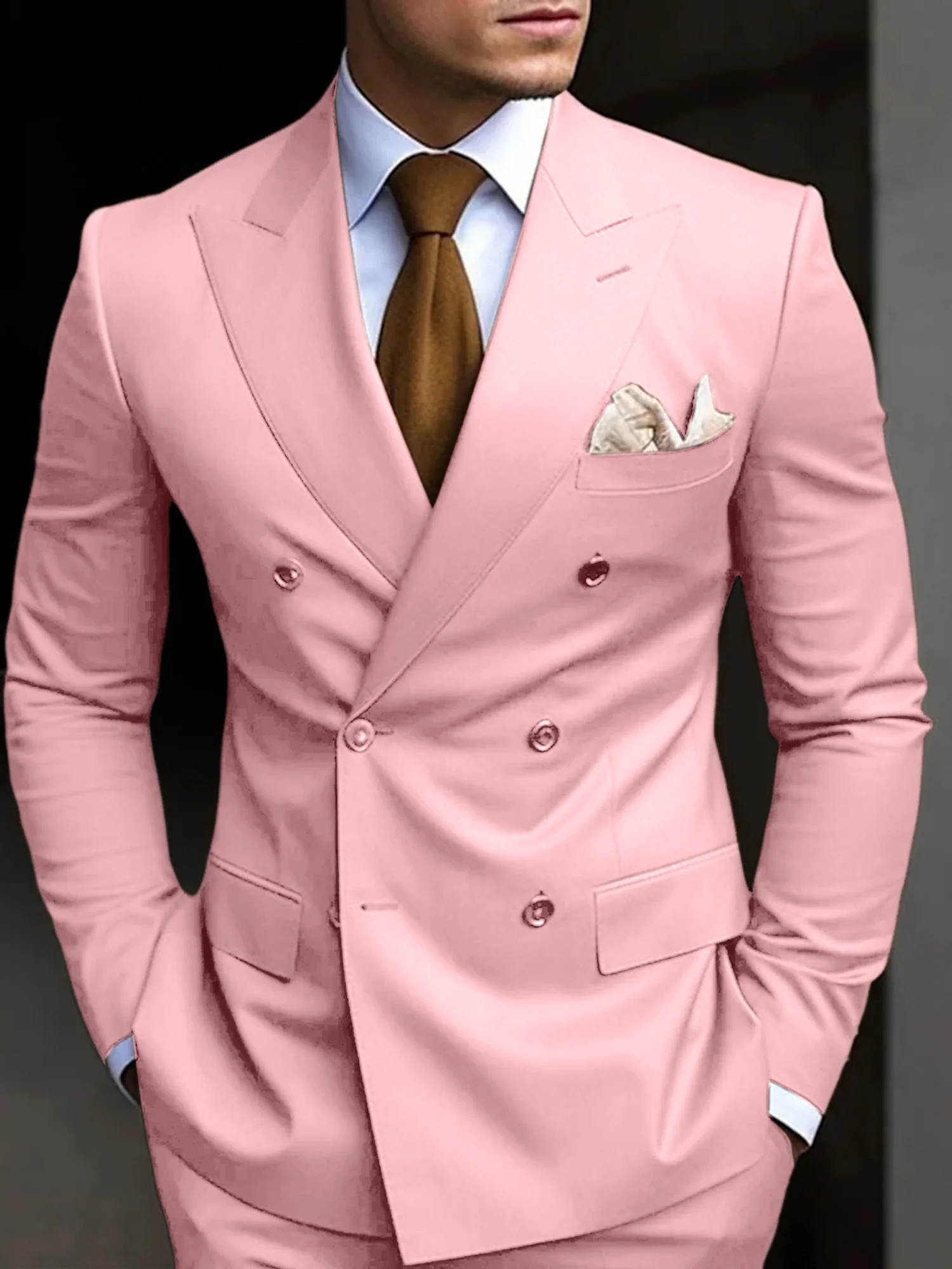 Men's Tailored Fit Double Breasted Six-buttons 2 Pieces Solid Colored Wedding Suits - Image 11