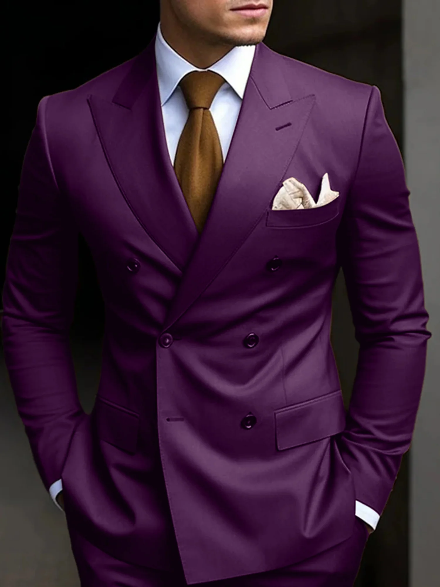 Men's Tailored Fit Double Breasted Six-buttons 2 Pieces Solid Colored Wedding Suits - Image 12
