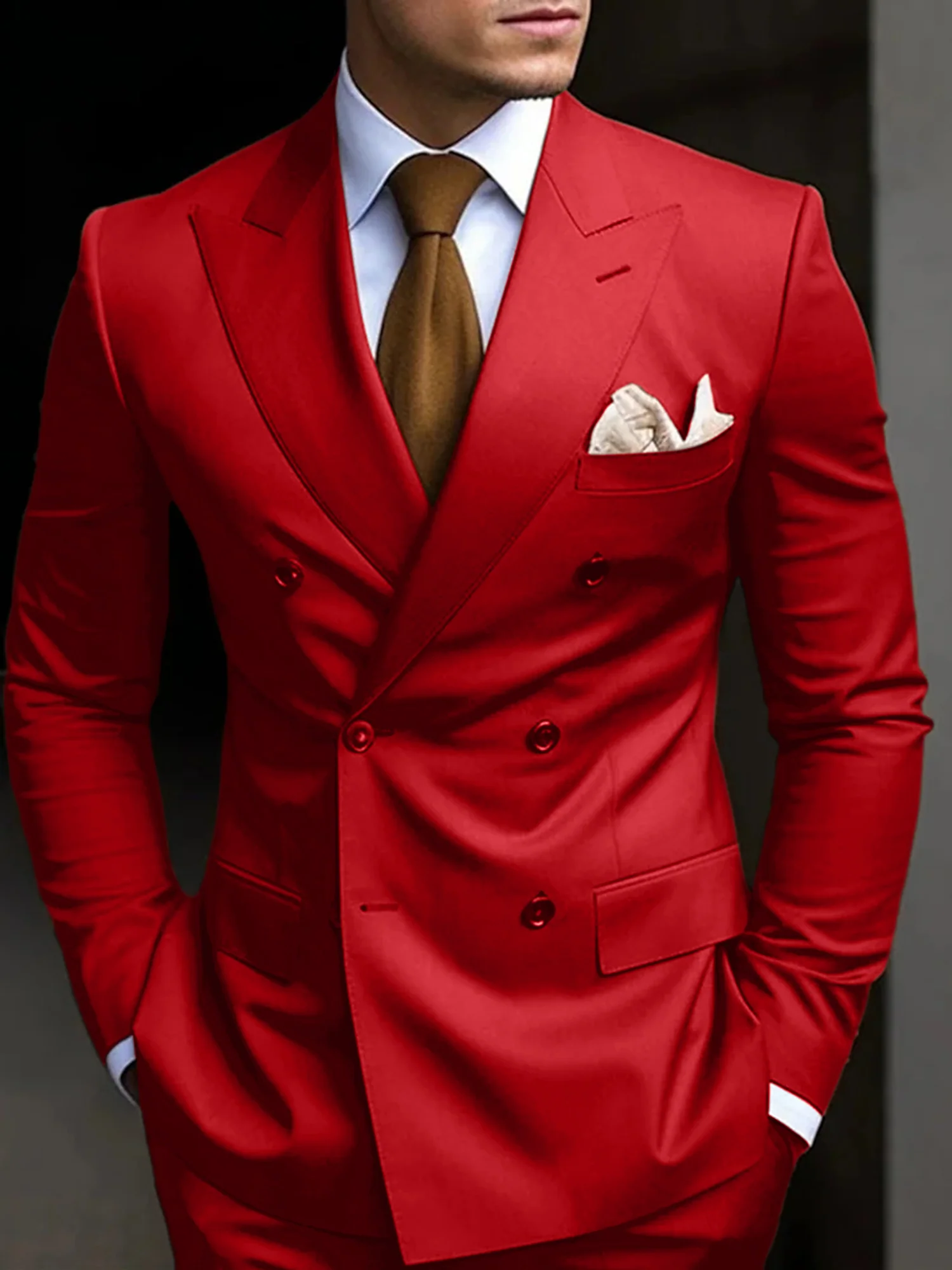 Men's Tailored Fit Double Breasted Six-buttons 2 Pieces Solid Colored Wedding Suits - Image 13
