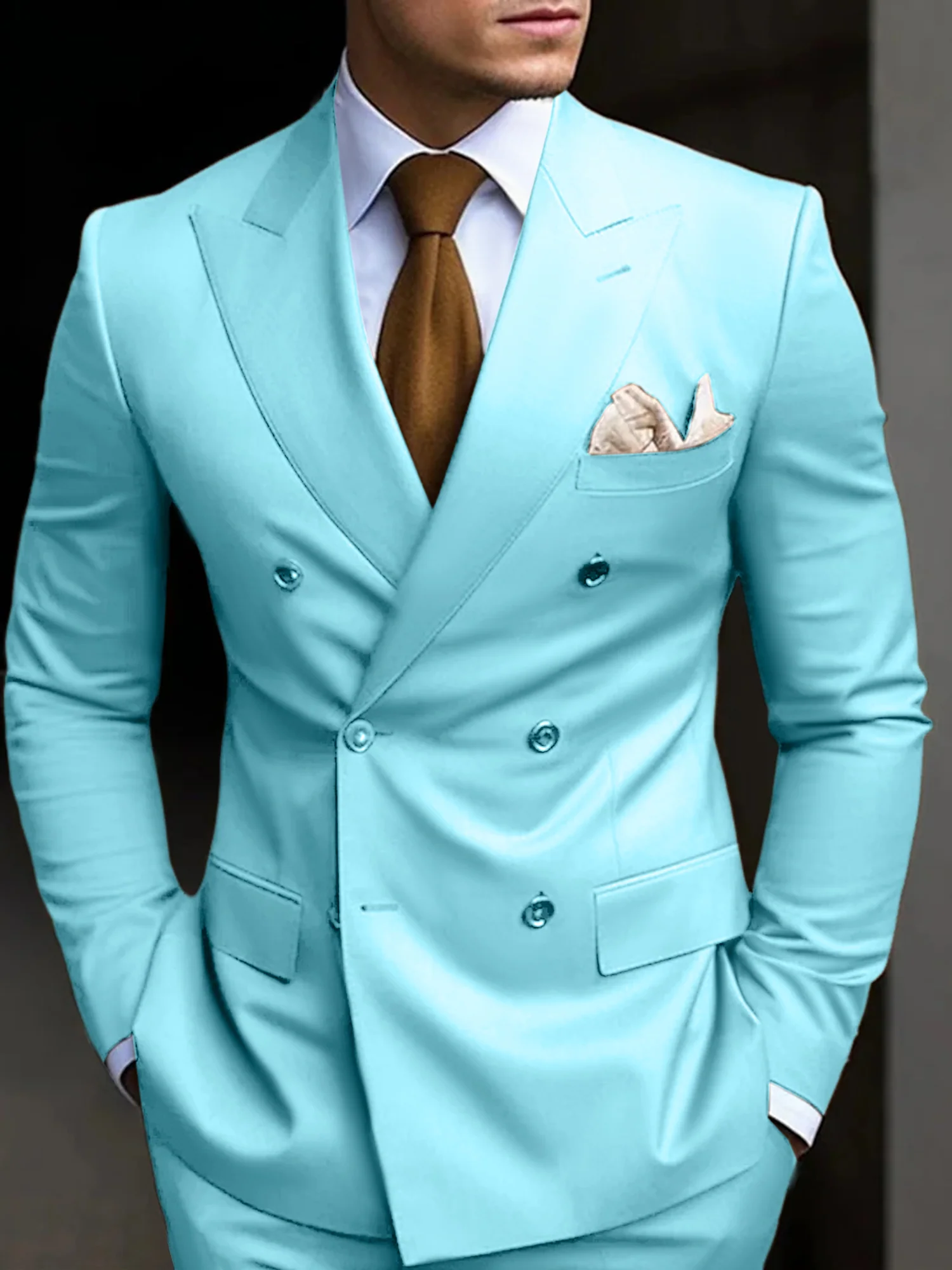 Men's Tailored Fit Double Breasted Six-buttons 2 Pieces Solid Colored Wedding Suits - Image 15