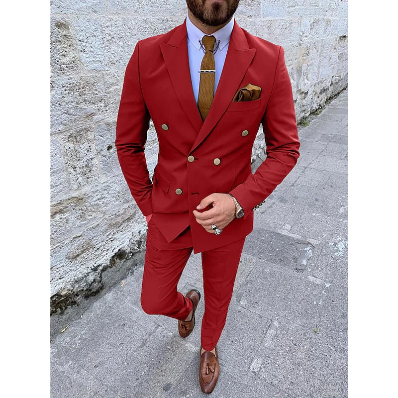 Men's Tailored Fit Double Breasted Six-buttons 2 Pieces Solid Colored Wedding Suits - Image 12