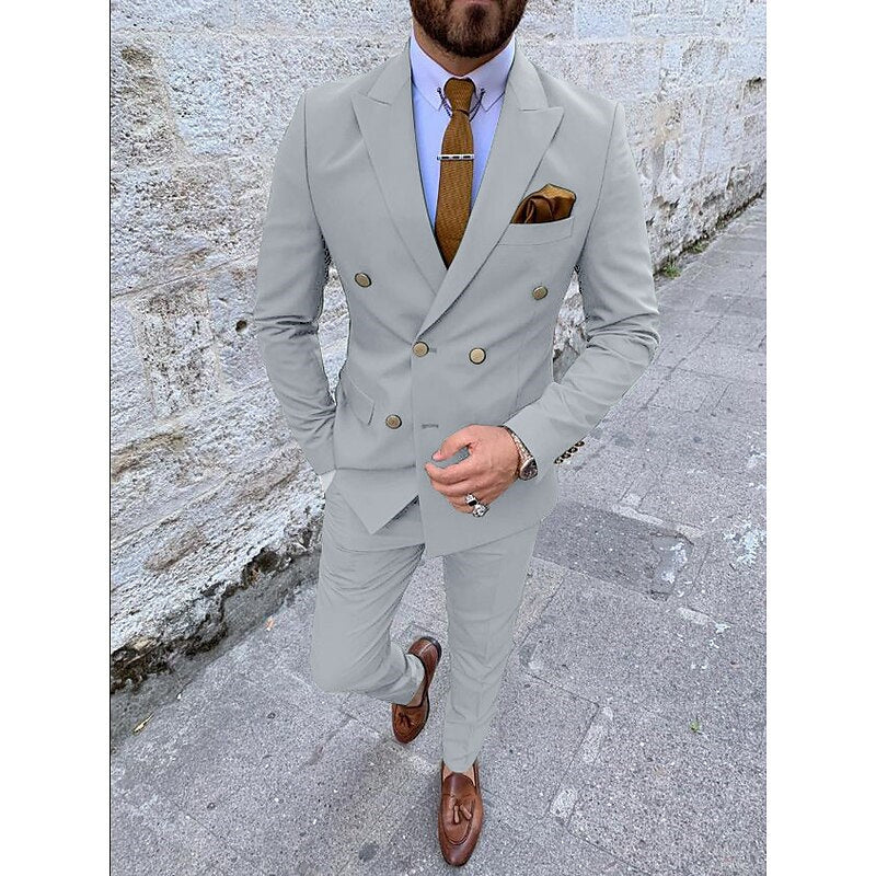 Men's Tailored Fit Double Breasted Six-buttons 2 Pieces Solid Colored Wedding Suits - Image 13
