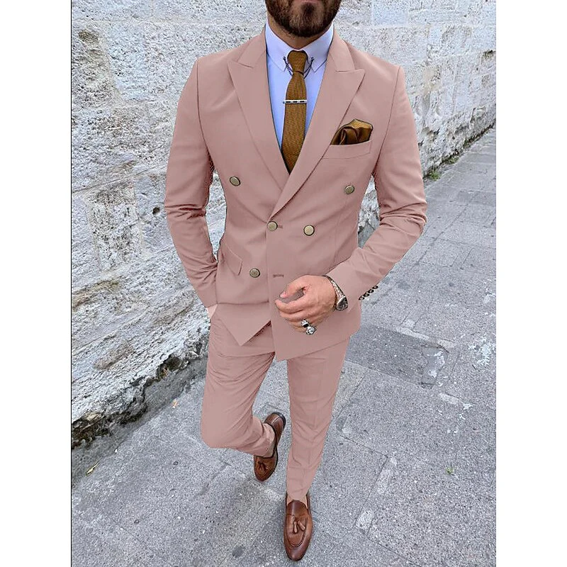 Men's Tailored Fit Double Breasted Six-buttons 2 Pieces Solid Colored Wedding Suits - Image 15