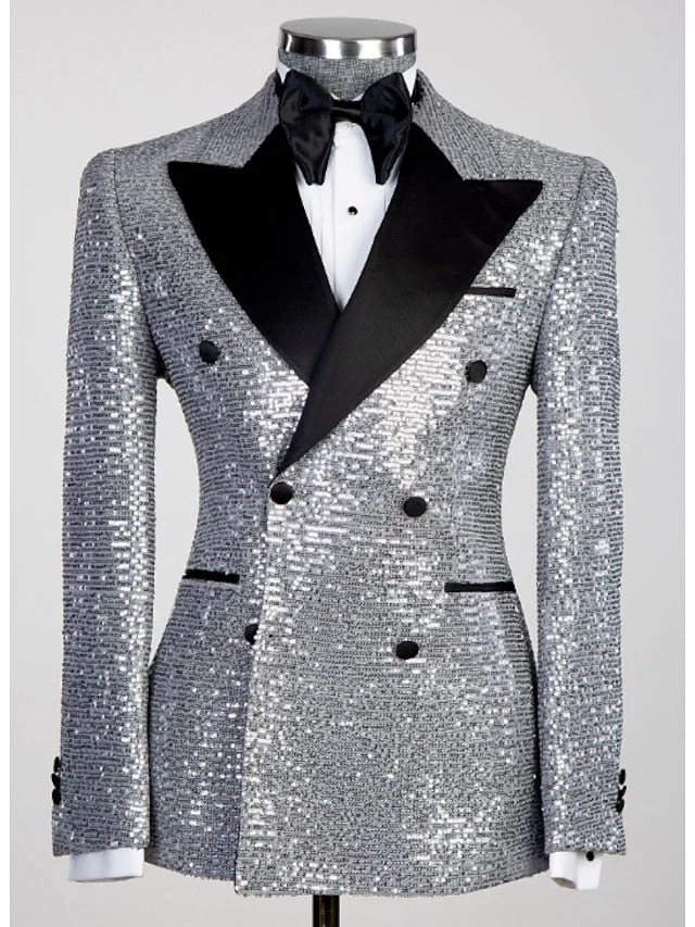 Men's Tailored Fit Double Breasted Six-buttons Sequins Blazer Jacket - Image 2