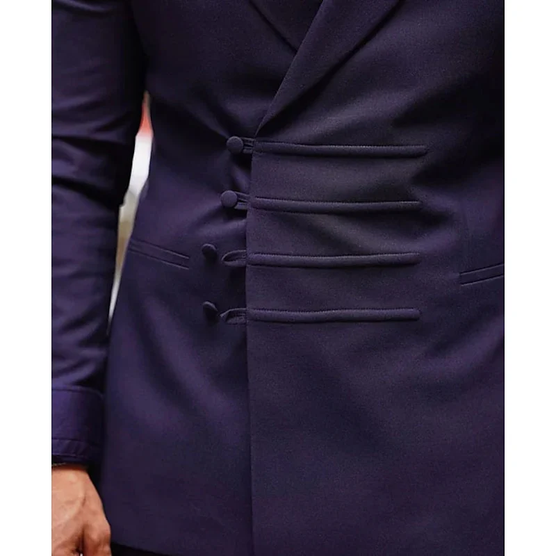 Men's Tailored Fit Double Breasted Six-buttons Solid Colored 2 Piece Prom Wedding Suits - Image 2