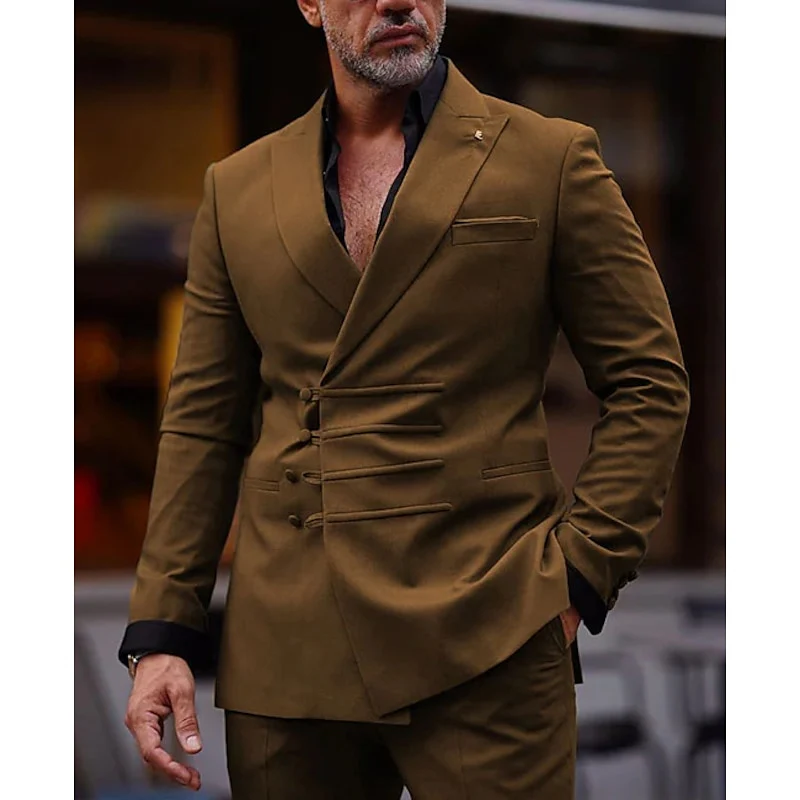 Men's Tailored Fit Double Breasted Six-buttons Solid Colored 2 Piece Prom Wedding Suits - Image 3