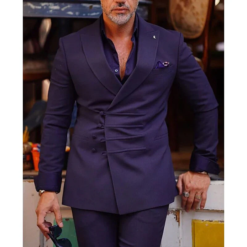 Men's Tailored Fit Double Breasted Six-buttons Solid Colored 2 Piece Prom Wedding Suits - Image 5