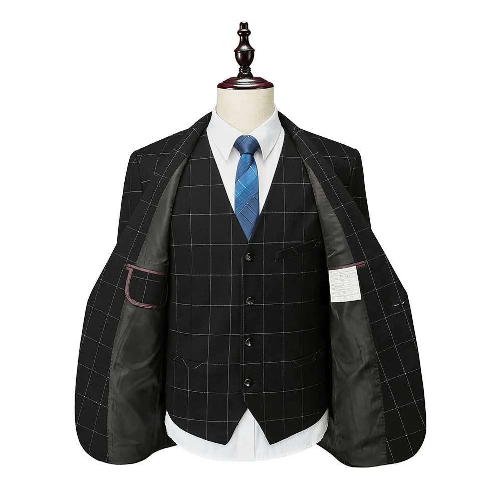 Men's Tailored Fit Single Breasted One-button 3 Pieces Plaid Wedding Suits - Image 3