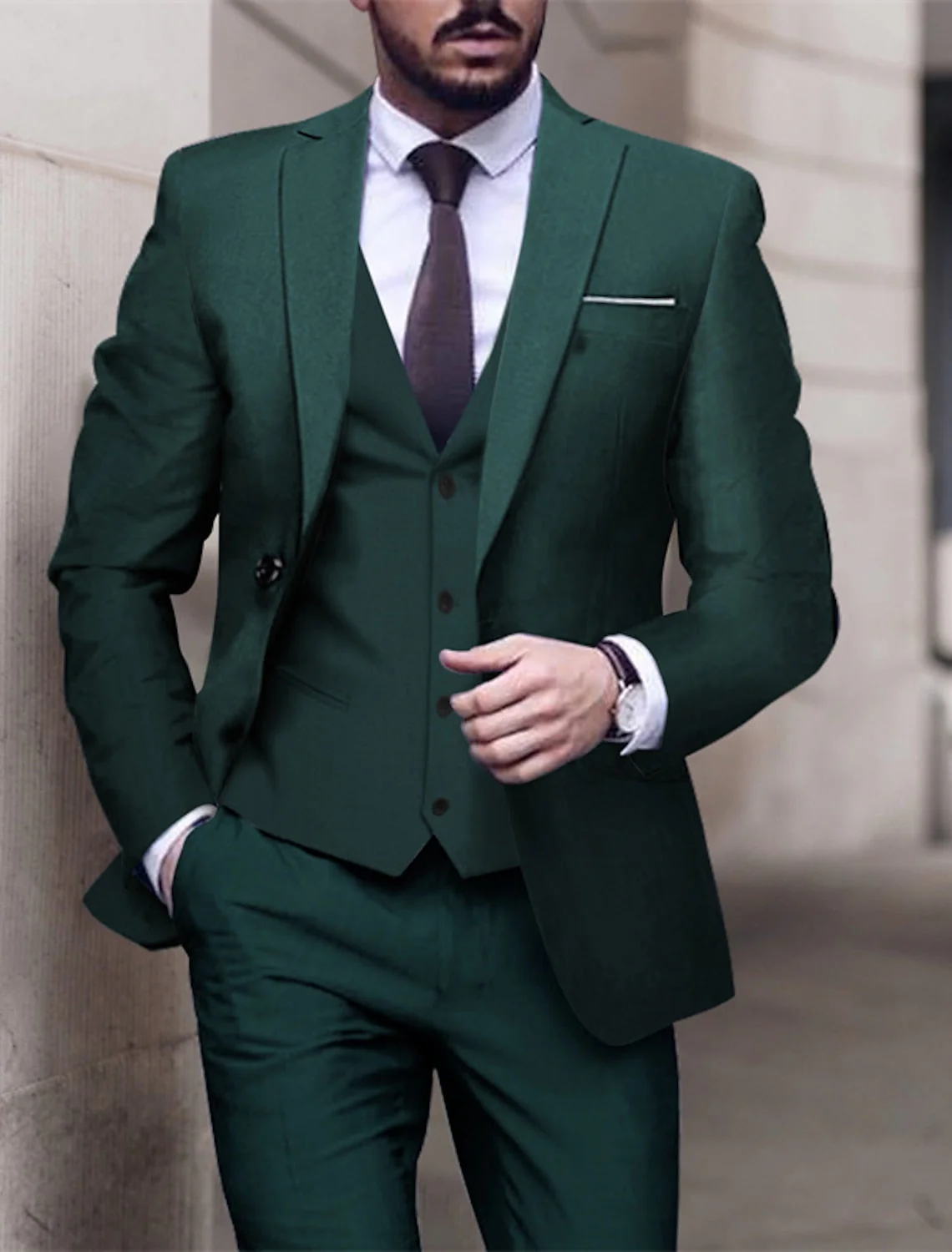 Men's Tailored Fit Single Breasted One-button 3 Pieces Solid Colored Wedding Suits - Image 2
