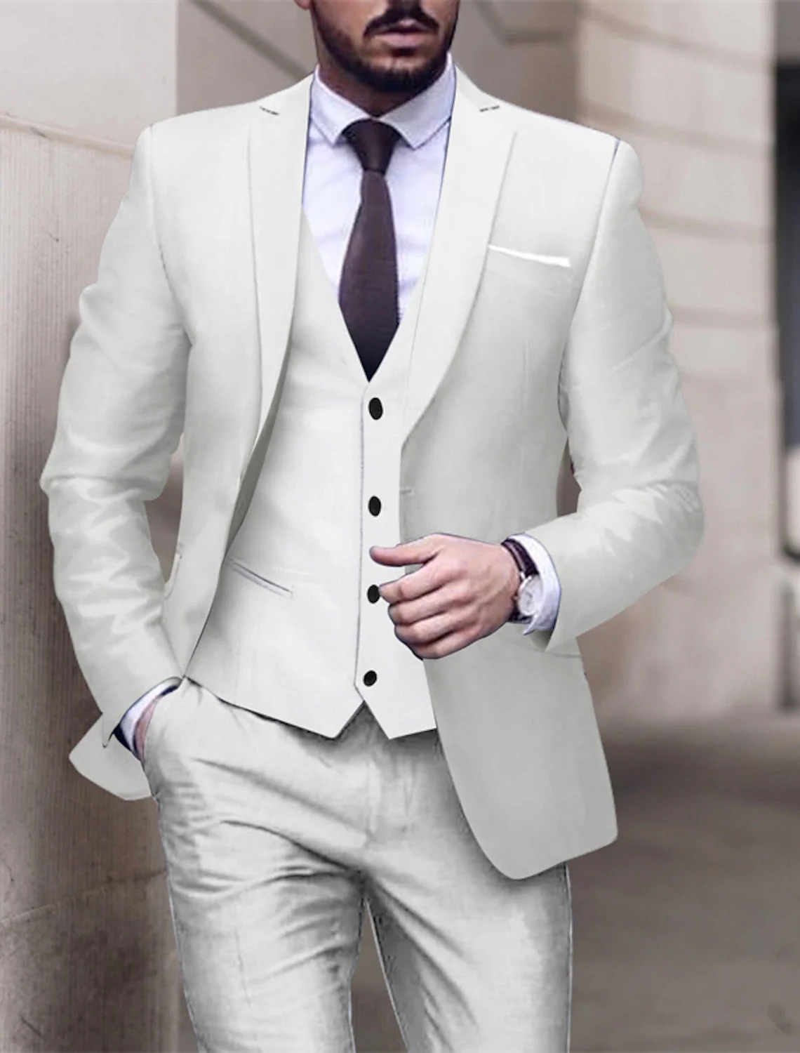 Men's Tailored Fit Single Breasted One-button 3 Pieces Solid Colored Wedding Suits - Image 4