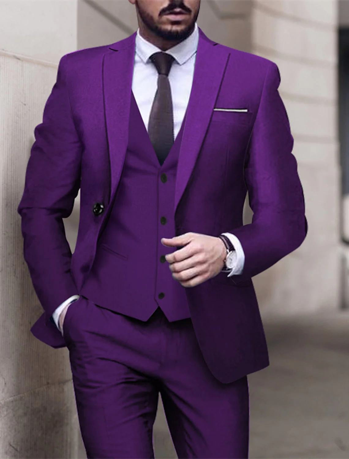Men's Tailored Fit Single Breasted One-button 3 Pieces Solid Colored Wedding Suits - Image 5